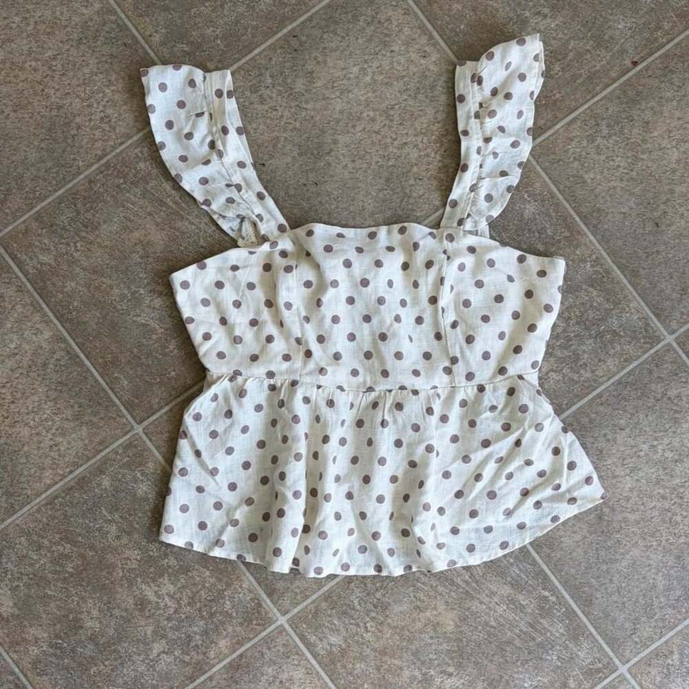 Monteau Los Angeles Polka Dot Peplum Top Size S Cream Brown Ruffle